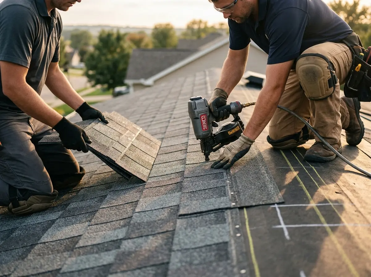 Professional roofer working on a residential roof in Chester
